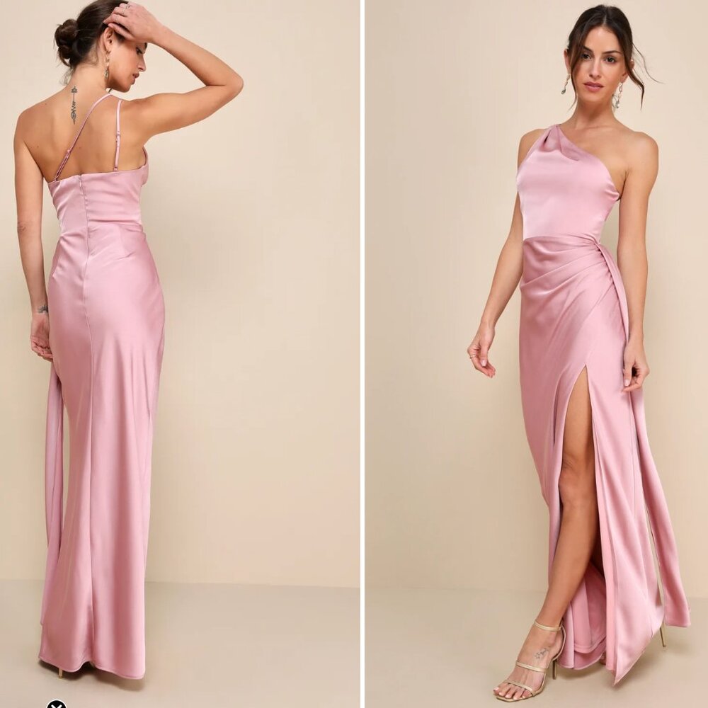 Rose Signature Elegance Rose Satin One-Shoulder Maxi Dress